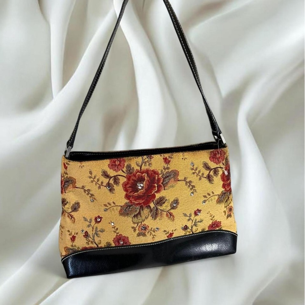 Floral tapestry rhinestone shoulder bag leather accents y2k vintage‎ fairy boho